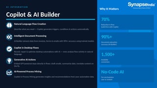 A I I N T E G R A T I O N
Copilot & AI Builder
Natural Language Flow Creation
Describe what you need — Copilot generates triggers, conditions & actions automatically.
Intelligent Document Processing
AI Builder extracts data from invoices, forms & emails with 90%+ accuracy using trained models.
Copilot in Desktop Flows
Record, repair & optimize desktop automations with AI — even analyze flow activity in natural
language.
Generative AI Actions
Embed GPT-powered steps directly in flows: draft emails, summarize data, translate content on
the fly.
AI-Powered Process Mining
Copilot in Process Mining generates insights and recommendations from your automation data.
Why It Matters
70%
Reduction in flow
build time with Copilot
90%+
Document extraction
accuracy (AI Builder)
1,500+
Available
connectors
No-Code AI
For any business
user or analyst
 