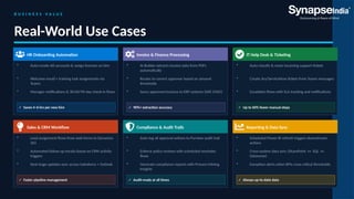 B U S I N E S S V A L U E
Real-World Use Cases
HR Onboarding Automation
• Auto-create AD accounts & assign licenses on hire
• Welcome email + training task assignments via
Teams
• Manager notifications & 30/60/90-day check-in flows
✓ Saves 4–6 hrs per new hire
Invoice & Finance Processing
• AI Builder extracts invoice data from PDFs
automatically
• Routes to correct approver based on amount
thresholds
• Syncs approved invoices to ERP systems (SAP, D365)
✓ 90%+ extraction accuracy
IT Help Desk & Ticketing
• Auto-classify & route incoming support tickets
• Create Jira/ServiceNow tickets from Teams messages
• Escalation flows with SLA tracking and notifications
✓ Up to 60% fewer manual steps
Sales & CRM Workflow
• Lead assignment flows from web forms to Dynamics
365
• Automated follow-up emails based on CRM activity
triggers
• Deal stage updates sync across Salesforce + Outlook
✓ Faster pipeline management
Compliance & Audit Trails
• Auto-log all approval actions to Purview audit trail
• Enforce policy reviews with scheduled reminder
flows
• Generate compliance reports with Process Mining
insights
✓ Audit-ready at all times
Reporting & Data Sync
• Scheduled Power BI refresh triggers downstream
actions
• Cross-system data sync (SharePoint ↔ SQL ↔
Dataverse)
• Exception alerts when KPIs cross critical thresholds
✓ Always up-to-date data
 