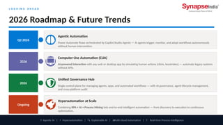 L O O K I N G A H E A D
2026 Roadmap & Future Trends
Q2 2026
Agentic Automation
Power Automate flows orchestrated by Copilot Studio Agents — AI agents trigger, monitor, and adapt workflows autonomously
without human intervention.
2026
Computer-Use Automation (CUA)
AI-powered interaction with any web or desktop app by simulating human actions (clicks, keystrokes) — automate legacy systems
without APIs.
2026
Unified Governance Hub
Single control plane for managing agents, apps, and automated workflows — with AI governance, agent lifecycle management,
and cross-platform audit.
Ongoing
Hyperautomation at Scale
Combining RPA + AI + Process Mining into end-to-end intelligent automation — from discovery to execution to continuous
optimization.
🤖 Agentic AI | Hyperautomation | Explainable AI | Multi-cloud Automation | 📊 Real-time Process Intelligence
⚡ 🔍 📊
 