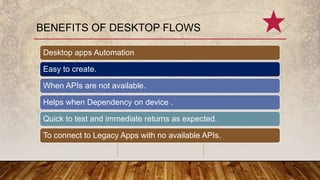 BENEFITS OF DESKTOP FLOWS
Desktop apps Automation
Easy to create.
When APIs are not available.
Helps when Dependency on device .
Quick to test and immediate returns as expected.
To connect to Legacy Apps with no available APIs.
 