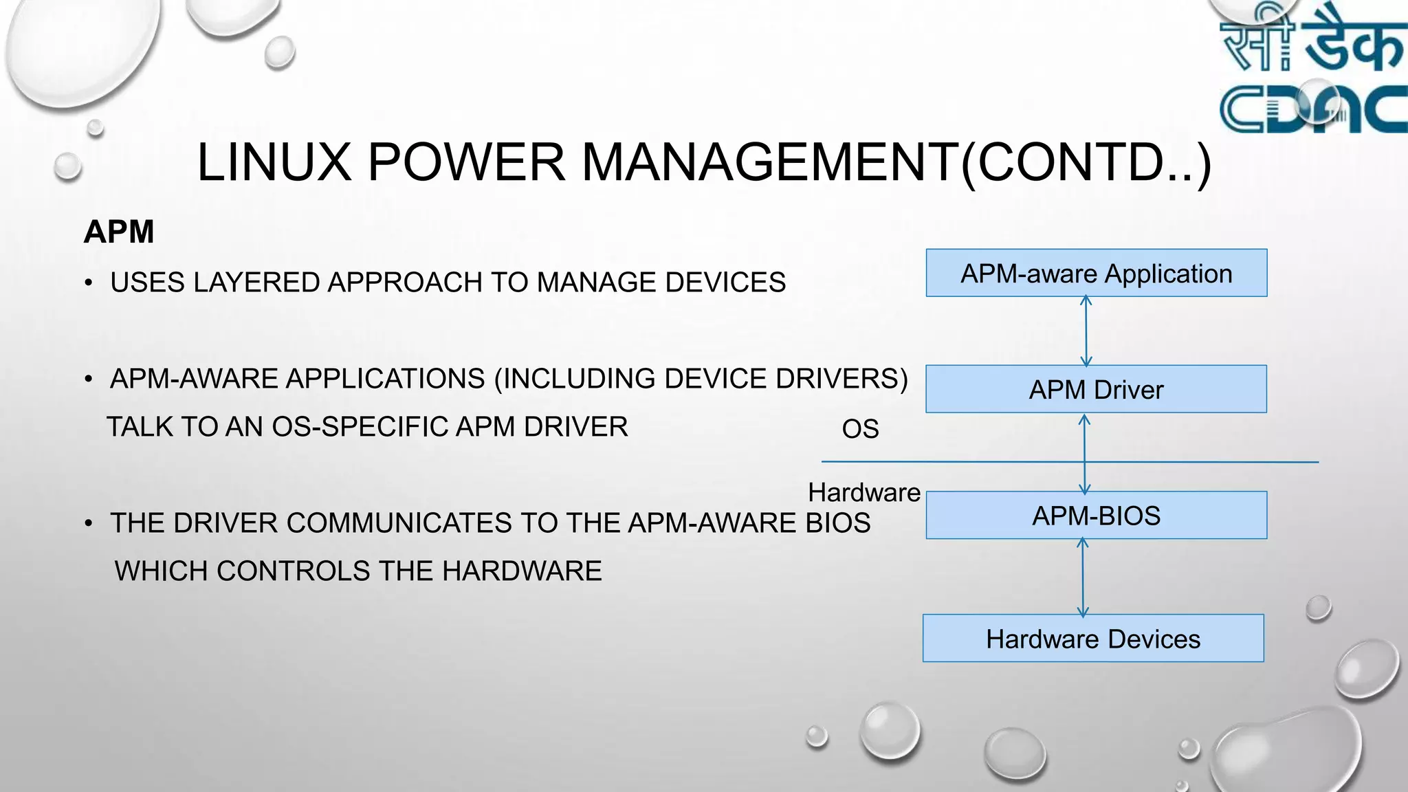 LINUX POWER MANAGEMENT(CONTD..)
APM
• USES LAYERED APPROACH TO MANAGE DEVICES
• APM-AWARE APPLICATIONS (INCLUDING DEVICE DRIVERS)
TALK TO AN OS-SPECIFIC APM DRIVER
• THE DRIVER COMMUNICATES TO THE APM-AWARE BIOS
WHICH CONTROLS THE HARDWARE
APM-aware Application
APM Driver
APM-BIOS
Hardware Devices
OS
Hardware
 