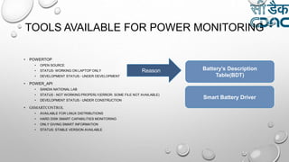 TOOLS AVAILABLE FOR POWER MONITORING
• POWERTOP
• OPEN SOURCE
• STATUS- WORKING ON LAPTOP ONLY
• DEVELOPMENT STATUS:- UNDER DEVELOPMENT
• POWER_API
• SANDIA NATIONAL LAB
• STATUS - NOT WORKING PROPERLY(ERROR: SOME FILE NOT AVAILABLE)
• DEVELOPMENT STATUS:- UNDER CONSTRUCTION
• GSMARTCONTROL
• AVAILABLE FOR LINUX DISTRIBUTIONS
• HARD DISK SMART CAPABILITIES MONITORING
• ONLY GIVING SMART INFORMATION
• STATUS: STABLE VERSION AVAILABLE
Reason Battery's Description
Table(BDT)
Smart Battery Driver
 