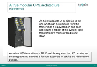 A true modular UPS architecture
           (Operational)



                                         An hot swappable UPS module is the
                                         one which can be removed from the
                                         frame while it is powered on and does
                                         not require a reboot of the system, load
                                         transfer to raw mains or load’s shut
                                         down




           A modular UPS is considered a TRUE modular only when the UPS modules are
           hot-swappable and the frame is full front accessible for service and maintenance
           purpose.

06/06/12                                        Modular UPS challenge                         11
 
