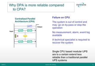 Why DPA is more reliable compared
            to CPA?

                                                                Failure on CPU
                   Centralized Parallel
                   Architecture (CPA)                           The system is out of control and
                                                                may: go on by-pass or stop the
                                          Output
                                                                operation
           Input
                                                                No measurement, alarm, event log
                                                                available
                                                                A technical specialist is required to
                                                                recover the system


                                                                Single CPU based modular UPS
                                                                are to a certain extend less
                                                                reliable than a traditional parallel
                                                                UPS systems
06/06/12                                           Modular UPS challenge                                16
 