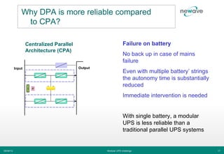 Why DPA is more reliable compared
                to CPA?

                   Centralized Parallel                         Failure on battery
                   Architecture (CPA)
                                                                No back up in case of mains
                                                                failure
           Input                          Output
                                                                Even with multiple battery’ strings
                                                                the autonomy time is substantially
                                                                reduced
                                                                Immediate intervention is needed


                                                                With single battery, a modular
                                                                UPS is less reliable than a
                                                                traditional parallel UPS systems


06/06/12                                           Modular UPS challenge                              17
 