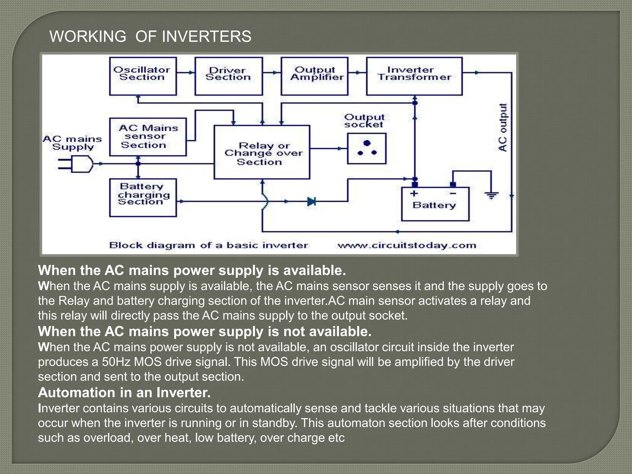When the AC mains power supply is available.
When the AC mains supply is available, the AC mains sensor senses it and the supply goes to
the Relay and battery charging section of the inverter.AC main sensor activates a relay and
this relay will directly pass the AC mains supply to the output socket.
When the AC mains power supply is not available.
When the AC mains power supply is not available, an oscillator circuit inside the inverter
produces a 50Hz MOS drive signal. This MOS drive signal will be amplified by the driver
section and sent to the output section.
Automation in an Inverter.
Inverter contains various circuits to automatically sense and tackle various situations that may
occur when the inverter is running or in standby. This automaton section looks after conditions
such as overload, over heat, low battery, over charge etc
WORKING OF INVERTERS
 