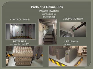 Parts of a Online UPS
CONTROL PANEL CEILING JOINERY
POWER SWITCH
connected to
BATTERIES
BATTERIES
connected to UPS
UPS of lesser
power
 