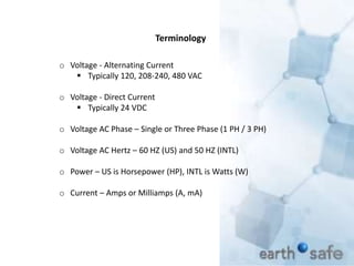 Terminology
o Voltage - Alternating Current
 Typically 120, 208-240, 480 VAC
o Voltage - Direct Current
 Typically 24 VDC
o Voltage AC Phase – Single or Three Phase (1 PH / 3 PH)
o Voltage AC Hertz – 60 HZ (US) and 50 HZ (INTL)
o Power – US is Horsepower (HP), INTL is Watts (W)
o Current – Amps or Milliamps (A, mA)
 