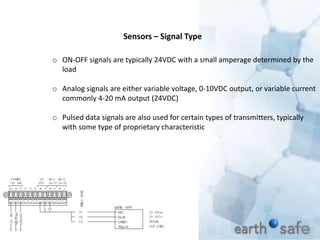 Sensors – Signal Type
o ON-OFF signals are typically 24VDC with a small amperage determined by the
load
o Analog signals are either variable voltage, 0-10VDC output, or variable current
commonly 4-20 mA output (24VDC)
o Pulsed data signals are also used for certain types of transmitters, typically
with some type of proprietary characteristic
 