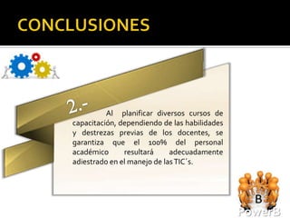 Al planificar diversos cursos de
capacitación, dependiendo de las habilidades
y destrezas previas de los docentes, se
garantiza que el 100% del personal
académico      resultará     adecuadamente
adiestrado en el manejo de las TIC´s.




                                               PowerB
 