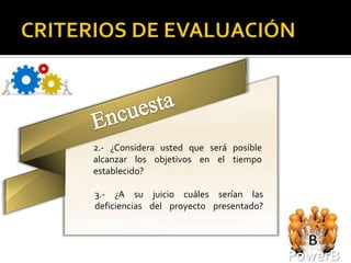 2.- ¿Considera usted que será posible
alcanzar los objetivos en el tiempo
establecido?

3.- ¿A su juicio cuáles serían las
deficiencias del proyecto presentado?




                                        PowerB
 