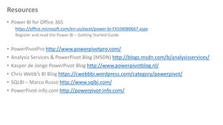 Resources
• Power BI for Office 365
https://office.microsoft.com/en-us/excel/power-bi-FX104080667.aspx
Register and read the Power BI – Getting Started Guide
• PowerPivotPro http://www.powerpivotpro.com/
• Analysis Services & PowerPivot Blog (MSDN) http://blogs.msdn.com/b/analysisservices/
• Kasper de Jonge PowerPivot Blog http://www.powerpivotblog.nl/
• Chris Webb’s BI Blog https://cwebbbi.wordpress.com/category/powerpivot/
• SQLBI – Marco Russo http://www.sqlbi.com/
• PowerPivot-info.com http://powerpivot-info.com/
 
