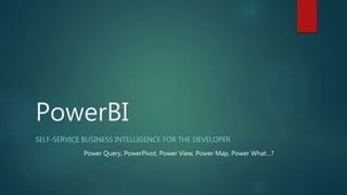 PowerBI
SELF-SERVICE BUSINESS INTELLIGENCE FOR THE DEVELOPER
Power Query, PowerPivot, Power View, Power Map, Power What…?
 