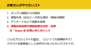 お客さんがやりたいコト
1. オンプレ機器からの脱却
2. 情報共有（おもに一方的な資料・情報の展開）
3. アンケートなどで調査を実施
4. 情報共有結果や調査結果の分析・活用
※ ↑ Power BI が思い付くポイント
こんなプロジェクトの途中、（といっても結構前半で）
クラウド支援要員としてお声がけをいただいたワケです。
 