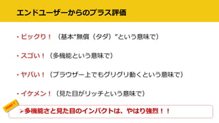エンドユーザーからのプラス評価
• ビックり！ （基本“無償（タダ）”という意味で）
• スゴい！（多機能という意味で）
• ヤバい！（ブラウザー上でもグリグリ動くという意味で）
• イケメン！（見た目がリッチという意味で）
多機能さと見た目のインパクトは、やはり強烈！！
 