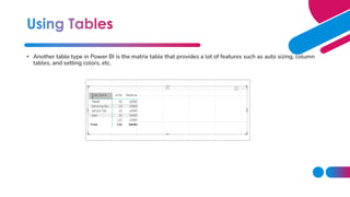 • Another table type in Power BI is the matrix table that provides a lot of features such as auto sizing, column
tables, and setting colors, etc.
 