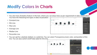 • You also have Analytics feature in the tool, where you can draw lines as per requirement in data visualization.
You have the following line types in data visualization −
• Constant Line
• Min Line
• Max Line
• Average Line
• Median Line
• Percentile Line
• You can opt for a dashed, dotted, or a solid line. You can select Transparency level, color, and position of the
line. You can also switch on/off data label for this line.
 