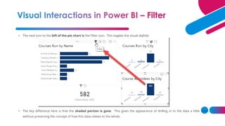 • The next icon to the left of the pie chart is the Filter icon. This toggles the visual slightly:
• The key difference here is that the shaded portion is gone. This gives the appearance of drilling in to the data a little more,
without preserving the concept of how this data relates to the whole.
 
