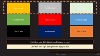 Contrasts that may be hard to read 2
Hard to read Hard to read Hard to read
Hard to read? Hard to read? Hard to read?
Easy to read Easy to read Easy to read
Light text on a dark background is easy to read
Dark text on a light background is easy to read
Matthew Deeprose 39
 