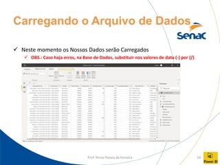 Prof. Tercio Passos da Fonseca 14
Carregando o Arquivo de Dados
✓ Neste momento os Nossos Dados serão Carregados
✓ OBS.: Caso haja erros, na Base de Dados, substituir nos valores de data (-) por (/)
 