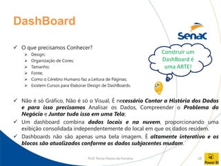 Prof. Tercio Passos da Fonseca 18
DashBoard
✓ O que precisamos Conhecer?
➢ Design;
➢ Organização de Cores;
➢ Tamanho;
➢ Fonte;
➢ Como o Cérebro Humano faz a Leitura de Páginas;
➢ Existem Cursos para Elaborar Design de DashBoards.
✓ Não é só Gráfico, Não é só o Visual, É necessário Contar a História dos Dados
e para isso precisamos Analisar os Dados, Compreender o Problema do
Negócio e Juntar tudo isso em uma Tela;
✓ Um dashboard combina dados locais e na nuvem, proporcionando uma
exibição consolidada independentemente do local em que os dados residem.
✓ Dashboards não são apenas uma bela imagem. É altamente interativo e os
blocos são atualizados conforme os dados subjacentes mudam.
Construir um
DashBoard é
uma ARTE!
 
