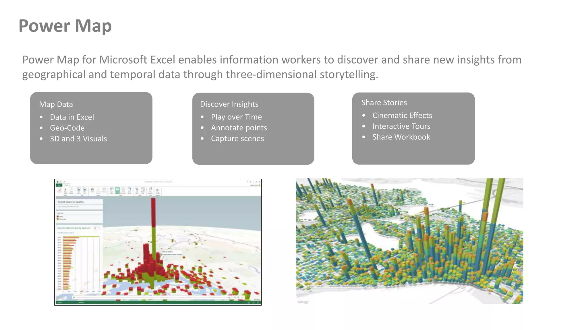 Power Map for Microsoft Excel enables information workers to discover and share new insights from
geographical and temporal data through three-dimensional storytelling.
Power Map
Map Data
• Data in Excel
• Geo-Code
• 3D and 3 Visuals
Discover Insights
• Play over Time
• Annotate points
• Capture scenes
Share Stories
• Cinematic Effects
• Interactive Tours
• Share Workbook
 