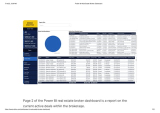7/15/22, 5:06 PM Power BI Real Estate Broker Dashboard
https://www.ntribs.com/post/power-bi-real-estate-broker-dashboard 7/21
Page 2 of the Power BI real estate broker dashboard is a report on the
current active deals within the brokerage.
 