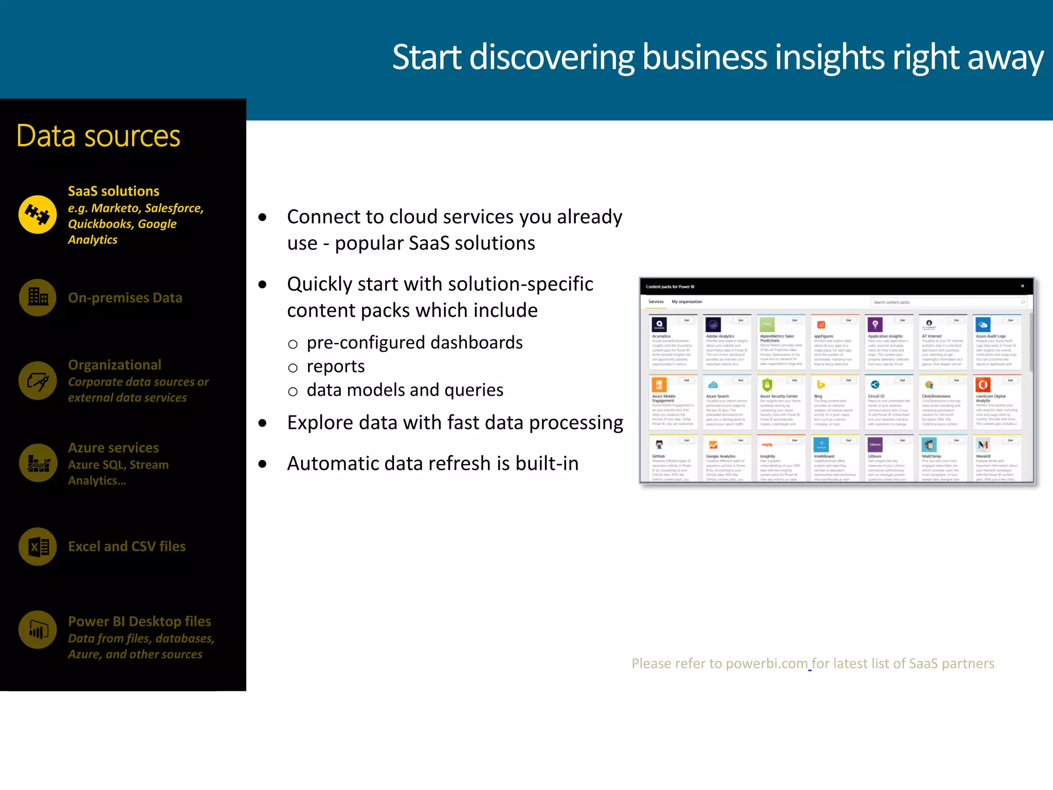  Connect to cloud services you already
use - popular SaaS solutions
 Quickly start with solution-specific
content packs which include
o pre-configured dashboards
o reports
o data models and queries
 Explore data with fast data processing
 Automatic data refresh is built-in
SaaS solutions
e.g. Marketo, Salesforce,
Quickbooks, Google
Analytics
On-premises Data
Data sources
Organizational
Corporate data sources or
external data services
Azure services
Azure SQL, Stream
Analytics…
Power BI Desktop files
Data from files, databases,
Azure, and other sources
Excel and CSV files
Startdiscoveringbusinessinsightsrightaway
Please refer to powerbi.com for latest list of SaaS partners
 