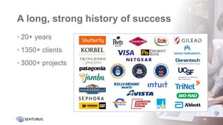 A long, strong history of success
• 20+ years
• 1350+ clients
• 3000+ projects
16
 