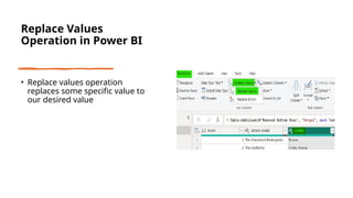 Replace Values
Operation in Power BI
• Replace values operation
replaces some specific value to
our desired value
 