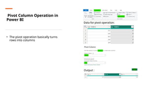 Pivot Column Operation in
Power BI
• The pivot operation basically turns
rows into columns
 