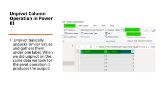 Unpivot Column
Operation in Power
BI
• Unpivot basically
unpacks similar values
and gathers them
under one label. When
we did unpivot on the
same data we took for
the pivot operation it
produces the output:
 