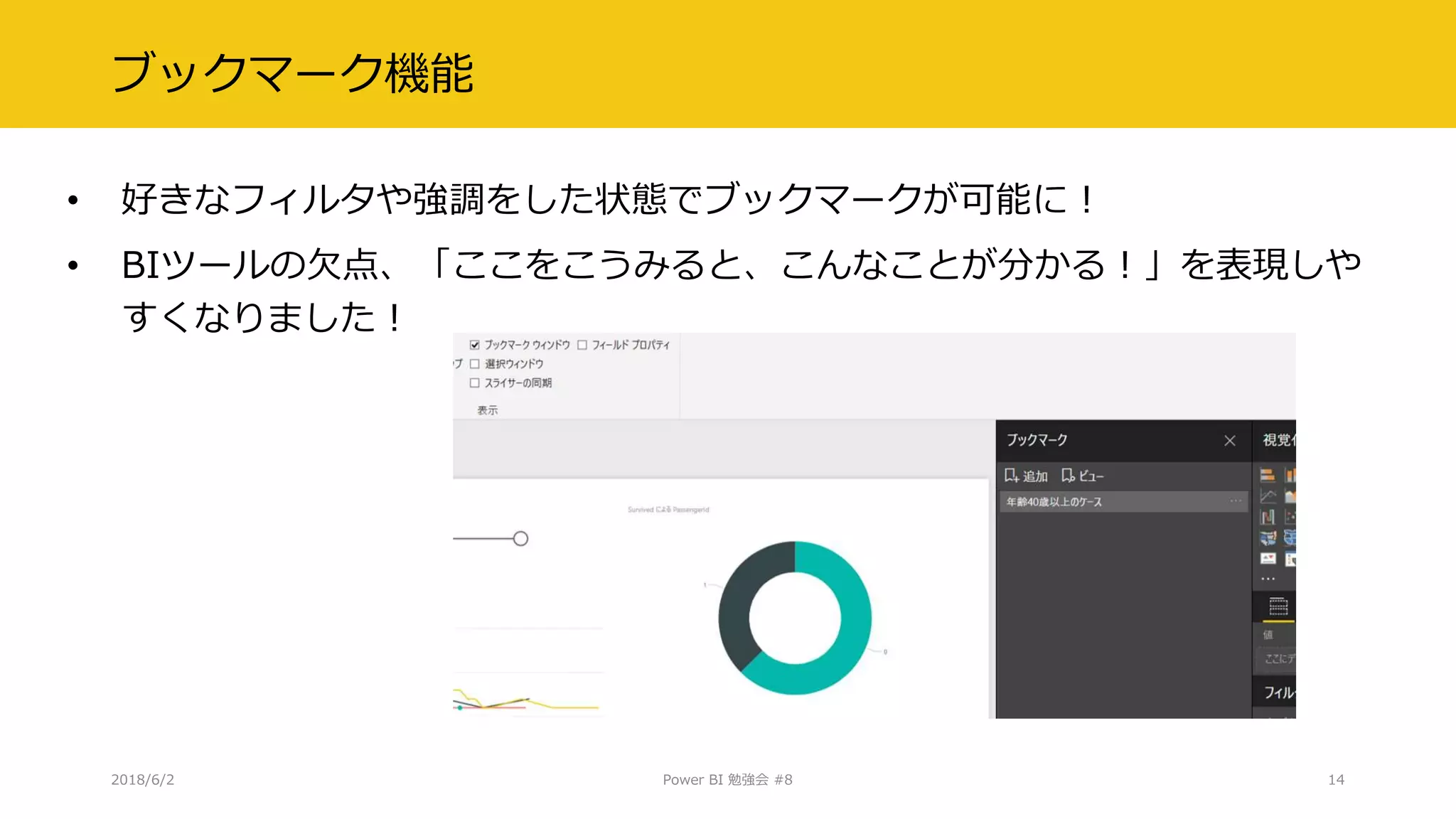 ブックマーク機能
• 好きなフィルタや強調をした状態でブックマークが可能に！
• BIツールの欠点、「ここをこうみると、こんなことが分かる！」を表現しや
すくなりました！
2018/6/2 Power BI 勉強会 #8 14
 