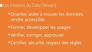 Orienter, aider à trouver les données,
rendre accessible
Former, développer les usages
Vérifier, corriger, approuver
Certifier, sécurité, respect des règles
 