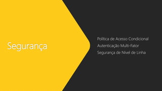 Segurança
Política de Acesso Condicional
Autenticação Multi-Fator
Segurança de Nível de Linha
 