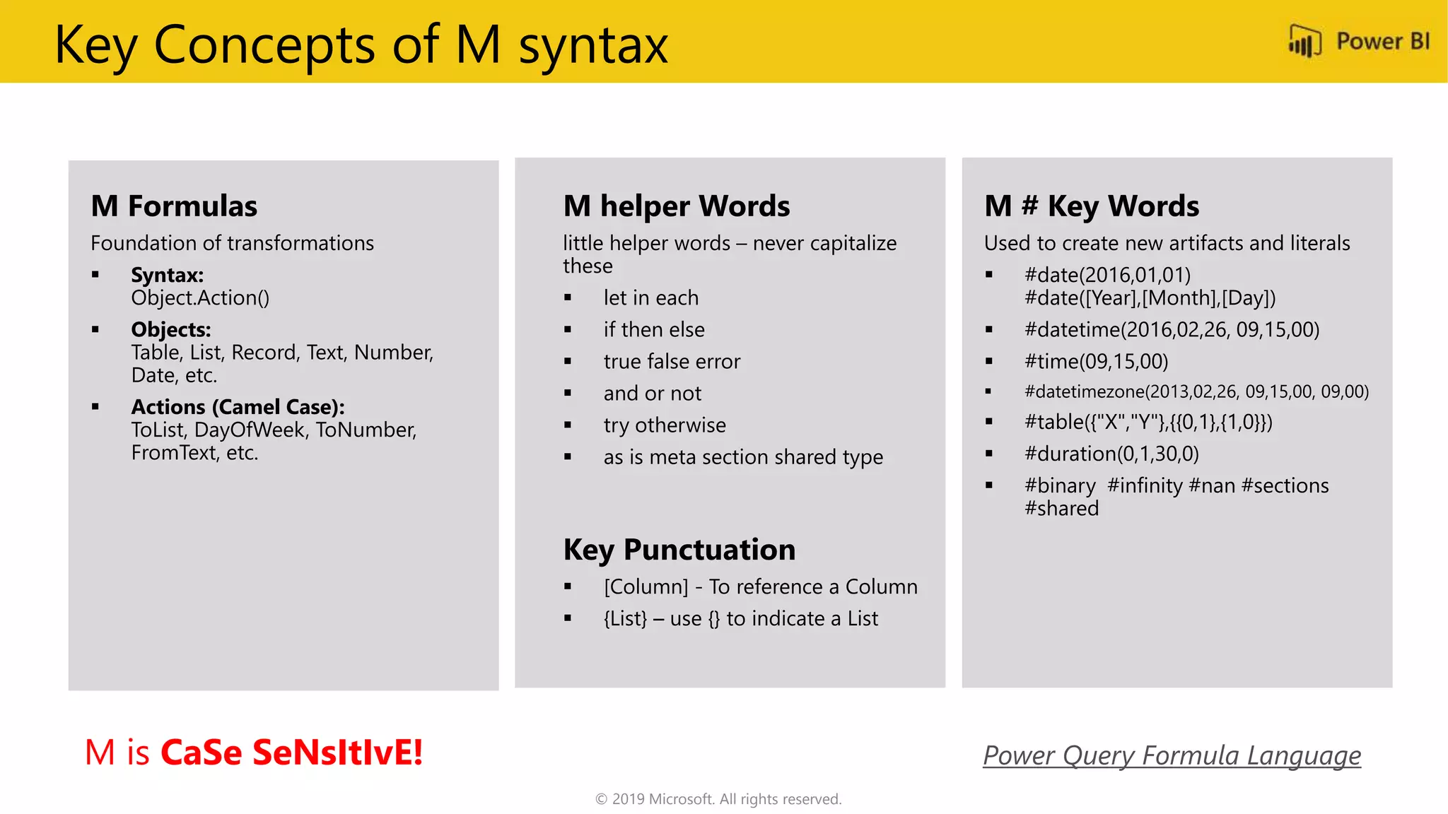 Key Concepts of M syntax
M Formulas
 Syntax:
 Objects:
 Actions (Camel Case):
M helper Words
 let in each
 if then else
 true false error
 and or not
 try otherwise
 as is meta section shared type
M # Key Words
 #date(2016,01,01)
#date([Year],[Month],[Day])
 #datetime(2016,02,26, 09,15,00)
 #time(09,15,00)
 #datetimezone(2013,02,26, 09,15,00, 09,00)
 #table({"X","Y"},{{0,1},{1,0}})
 #duration(0,1,30,0)
 #binary #infinity #nan #sections
#shared
Key Punctuation
 [Column] - To reference a Column
M is CaSe SeNsItIvE! Power Query Formula Language
© 2019 Microsoft. All rights reserved.
 
