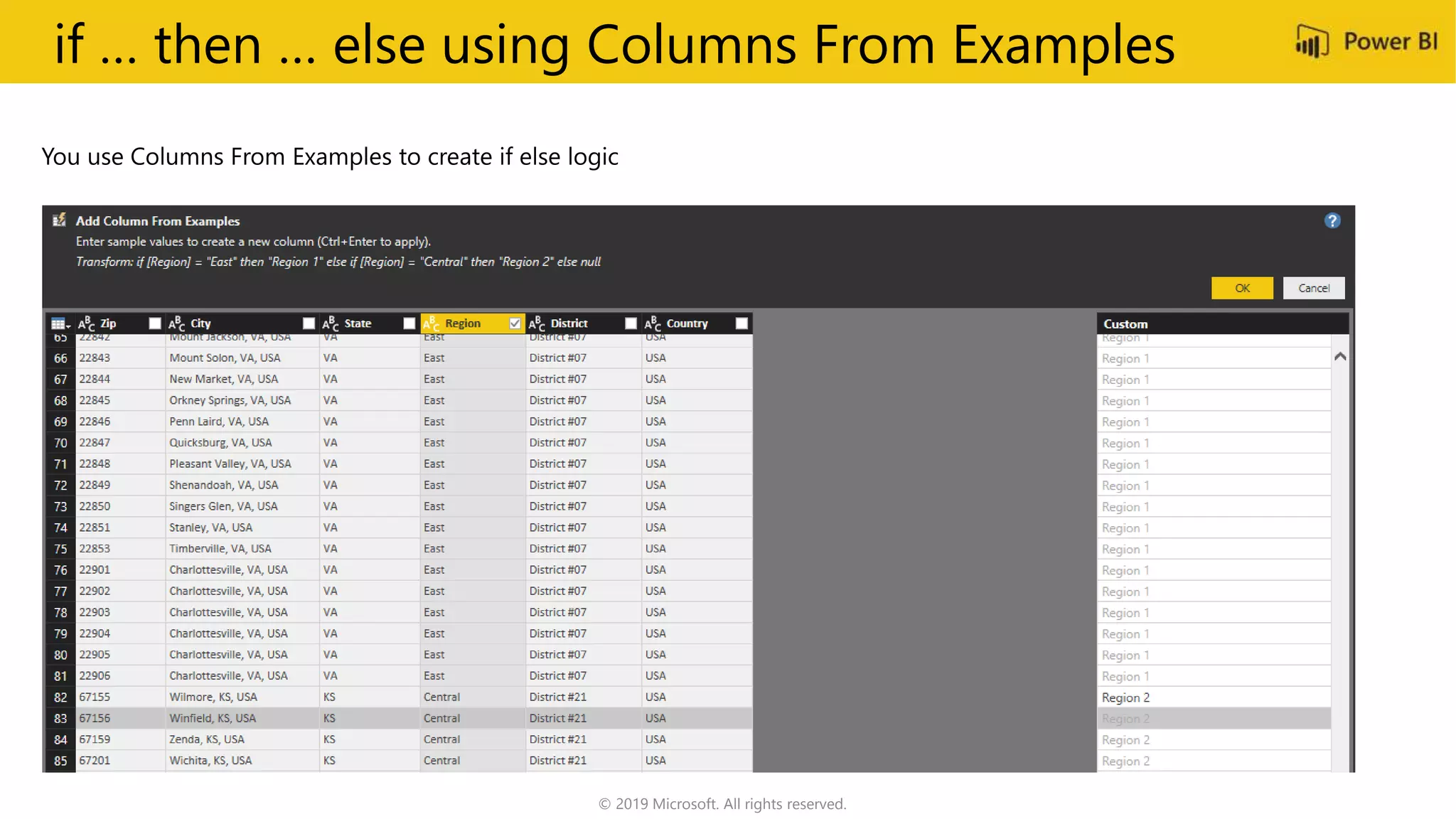 if … then … else using Columns From Examples
© 2019 Microsoft. All rights reserved.
 