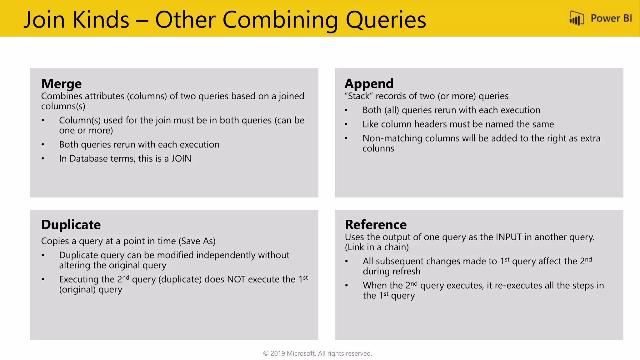 Join Kinds – Other Combining Queries
• Both queries rerun with each execution
“Stack” records of two (or more) queries
• Both (all) queries rerun with each execution
• Like column headers must be named the same
• Non-matching columns will be added to the right as extra
colunns
© 2019 Microsoft. All rights reserved.
 