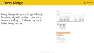 © 2019 Microsoft. All rights reserved.
Fuzzy Merge allows you to apply Fuzzy
Matching algorithms when comparing
columns and try to find matches across
tables being merged.
Fuzzy Merge
 