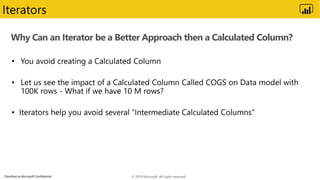 Classified as Microsoft Confidential
Why Can an Iterator be a Better Approach then a Calculated Column?
Iterators
© 2019 Microsoft. All rights reserved.
 