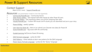 Classified as Microsoft Confidential
Contact Support
Report Errors, Issues – Support.PowerBI.com
Resources use presentation mode to click the hyperlinks
 Community.PowerBI.com – Community Forum
 Data Stories Gallery – Get inspired with Data Stories by other Power BI users
 R-Visuals Gallery – Get inspired by others use of R for analyzing their data
 Visuals.PowerBI.com – Custom PBI visuals and R visuals you can download and use in your story
 Power BI Blog - weekly updates
 User Voice for Power BI – Vote on (or submit) your favorite new ideas for Power BI
 Issues.PowerBI.Com – log issues with the community
 Guided Learning Self Service Power BI training
 DAX Formula Language – syntax for DAX
 DAX Patterns – Great website to learn new patterns for the DAX Language
 Power Query Formula Language – syntax for the “Query” language
Power BI Support Resources
Instructors:
© 2019 Microsoft. All rights reserved.
 