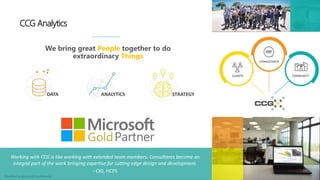 Classified as Microsoft Confidential
CCG Analytics
We bring great People together to do
extraordinary Things
DATA ANALYTICS STRATEGY
Working with CCG is like working with extended team members. Consultants become an
integral part of the work bringing expertise for cutting edge design and development.
- CIO, HCPS
 