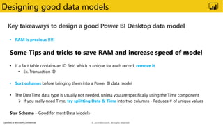 Classified as Microsoft Confidential
Key takeaways to design a good Power BI Desktop data model
Designing good data models
• RAM is precious !!!!!
remove it
• Sort columns
try splitting Date & Time
© 2019 Microsoft. All rights reserved.
 