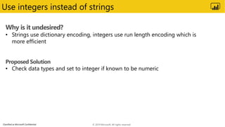 Classified as Microsoft Confidential
Use integers instead of strings
Why is it undesired?
• Strings use dictionary encoding, integers use run length encoding which is
more efficient
Proposed Solution
• Check data types and set to integer if known to be numeric
© 2019 Microsoft. All rights reserved.
 