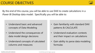 Classified as Microsoft Confidential
COURSE OBJECTIVES
By the end of this course, you will be able to use DAX to create calculations in a
Power BI Desktop data model. Specifically you will be able to:
• Understand basic and advanced
concepts of Data Modeling
• Understand the consequences of
data model design decisions
• Understand concepts of calculated
columns and measures
• Gain familiarity with standard DAX
patterns & CALCULATE
• Understand evaluation contexts
and their impact on calculations
• Gain ability to parse data modeling
formulas
© 2019 Microsoft. All rights reserved.
 