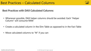 Classified as Microsoft Confidential
Best Practices with DAX Calculated Columns
Best Practices – Calculated Columns
© 2019 Microsoft. All rights reserved.
 