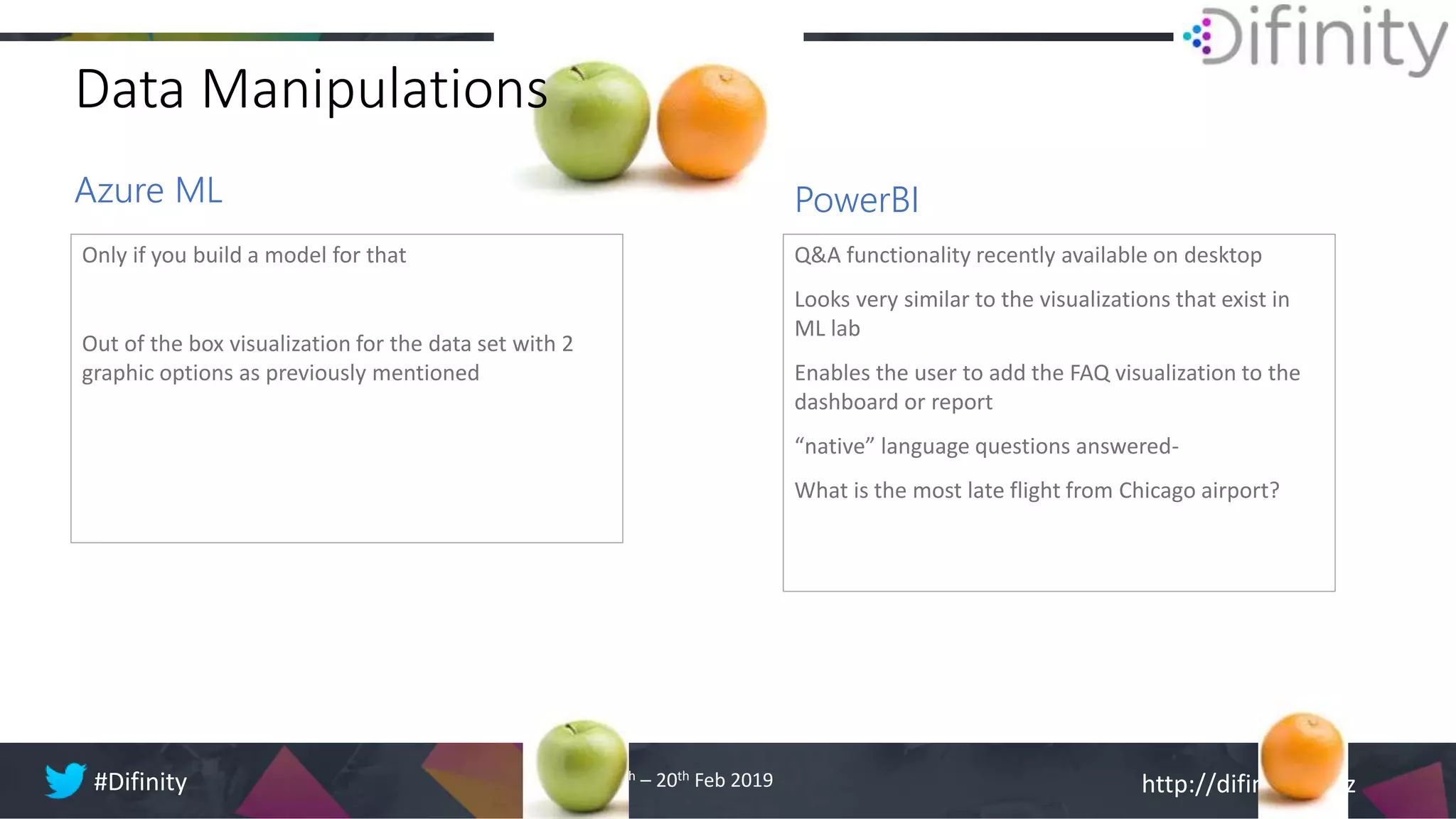 http://difinity.co.nz#Difinity 18th – 20th Feb 2019
Azure ML
Only if you build a model for that
Out of the box visualization for the data set with 2
graphic options as previously mentioned
Q&A functionality recently available on desktop
Looks very similar to the visualizations that exist in
ML lab
Enables the user to add the FAQ visualization to the
dashboard or report
“native” language questions answered-
What is the most late flight from Chicago airport?
PowerBI
Data Manipulations
 