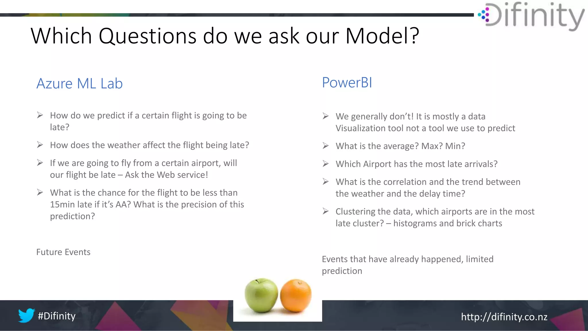 http://difinity.co.nz#Difinity 18th – 20th Feb 2019
Which Questions do we ask our Model?
Azure ML Lab PowerBI
 How do we predict if a certain flight is going to be
late?
 How does the weather affect the flight being late?
 If we are going to fly from a certain airport, will
our flight be late – Ask the Web service!
 What is the chance for the flight to be less than
15min late if it’s AA? What is the precision of this
prediction?
Future Events
 We generally don’t! It is mostly a data
Visualization tool not a tool we use to predict
 What is the average? Max? Min?
 Which Airport has the most late arrivals?
 What is the correlation and the trend between
the weather and the delay time?
 Clustering the data, which airports are in the most
late cluster? – histograms and brick charts
Events that have already happened, limited
prediction
 
