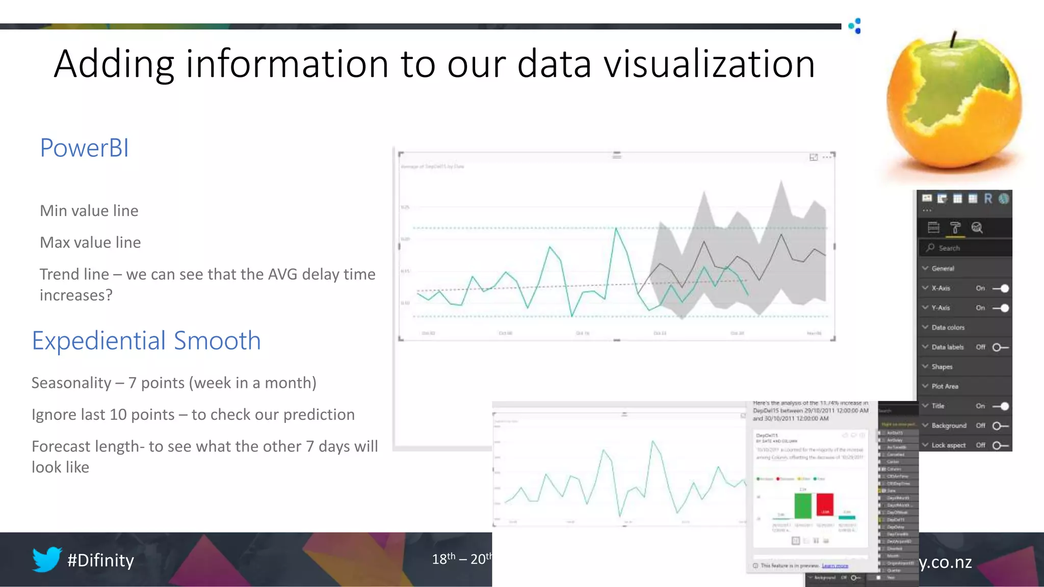 http://difinity.co.nz#Difinity 18th – 20th Feb 2019
Adding information to our data visualization
PowerBI
Min value line
Max value line
Trend line – we can see that the AVG delay time
increases?
Expediential Smooth
Seasonality – 7 points (week in a month)
Ignore last 10 points – to check our prediction
Forecast length- to see what the other 7 days will
look like
 