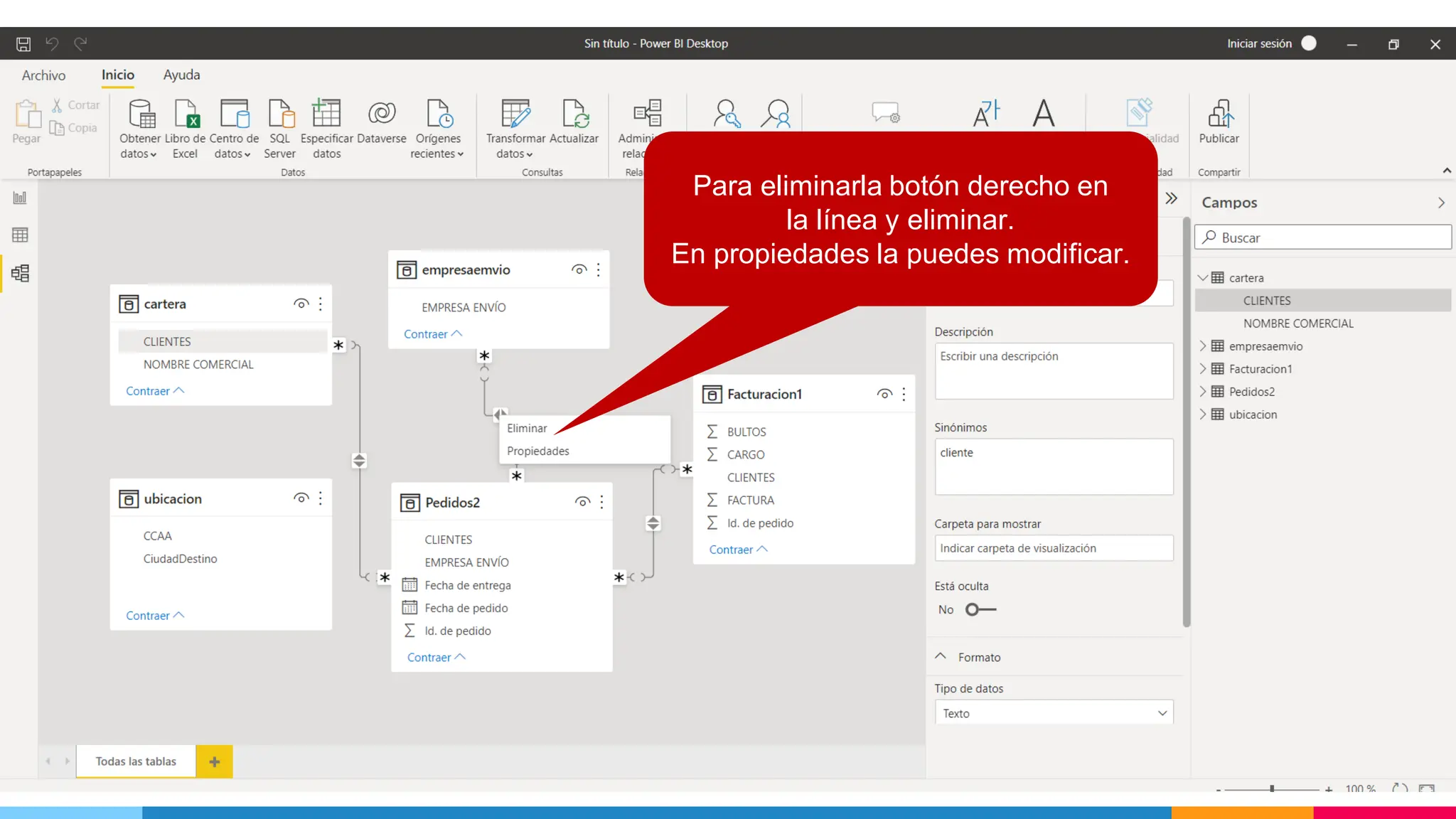 Relaciones
38
Para eliminarla botón derecho en
la línea y eliminar.
En propiedades la puedes modificar.
 